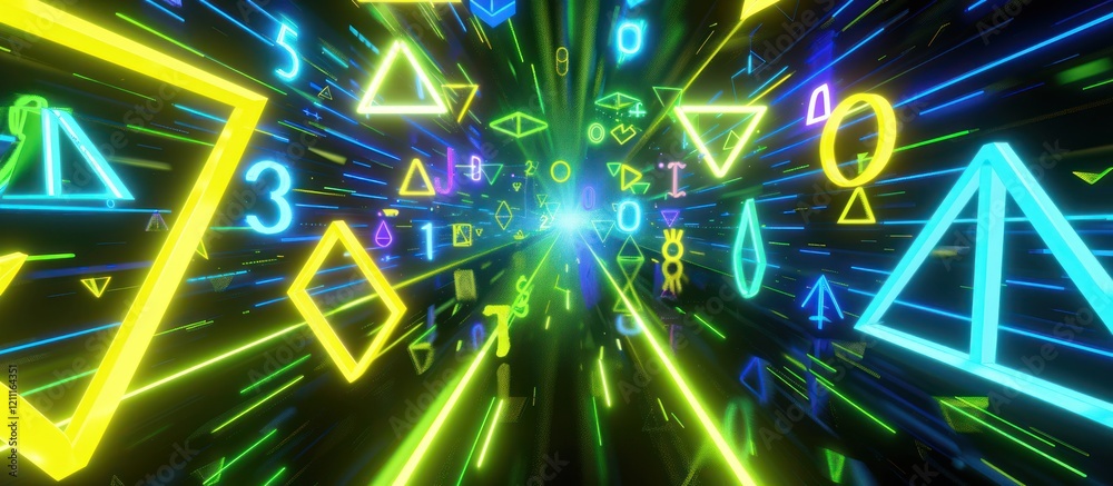 Canvas Prints neon shapes and numbers fly through a futuristic tunnel.