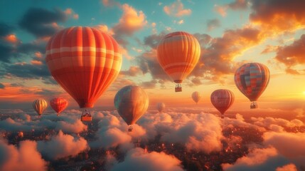 Fototapeta premium Hot air balloons fly above clouds at sunset