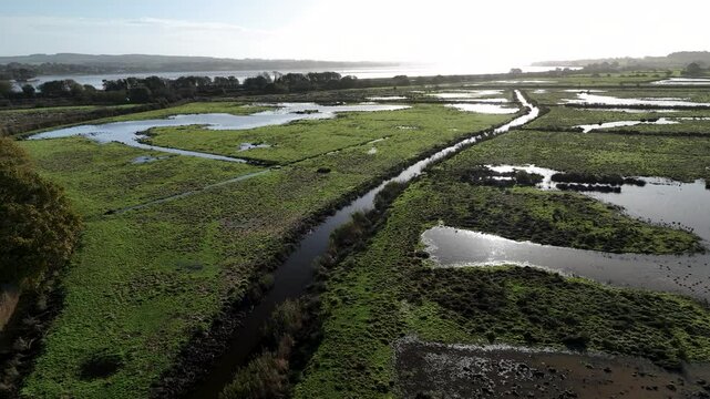 Wetlands and Marshes in RSPB Exminster and Powderham Marshe from a drone, Exeter, Devon, England