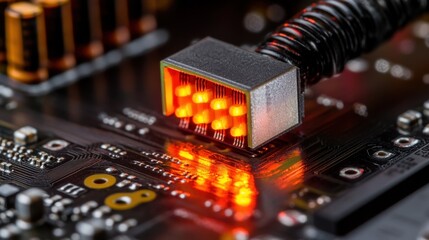 A high-tech microchip embedded into a motherboard with glowing connectors.