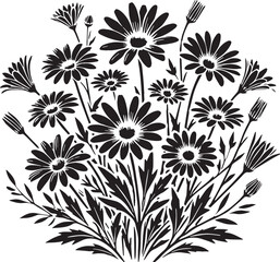 Black Color Daisies Silhouette Vector Illustration, Solid White Background. minimal vector design