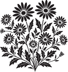 Black Color Daisies Silhouette Vector Illustration, Solid White Background. minimal vector design