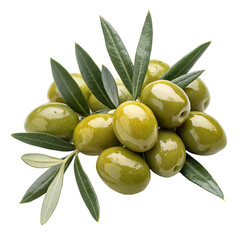 Green olives with leaves, isolated on white or transparent background, PNG