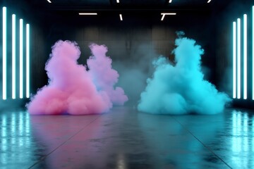 Colorful Smoke Clouds in a Dimly Lit Industrial Environment with Neon Lights