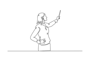 Teacher presentation pointing with stick in continuous one line drawing. Education concept in single line art illustration. Editable vector.
