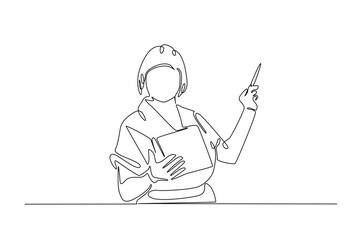 Teacher with the book in continuous one line drawing. Education concept in single line art illustration. Editable vector.