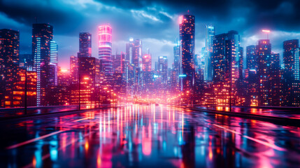 Obraz premium City Lights Reflecting on a Futuristic Waterfront,