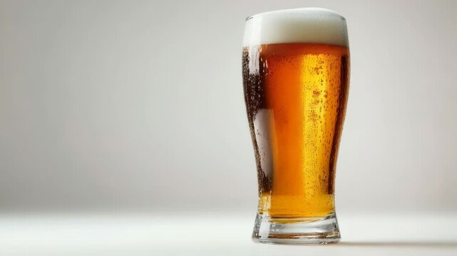 Effervescent beer pour with rising bubbles and foam in tall glass