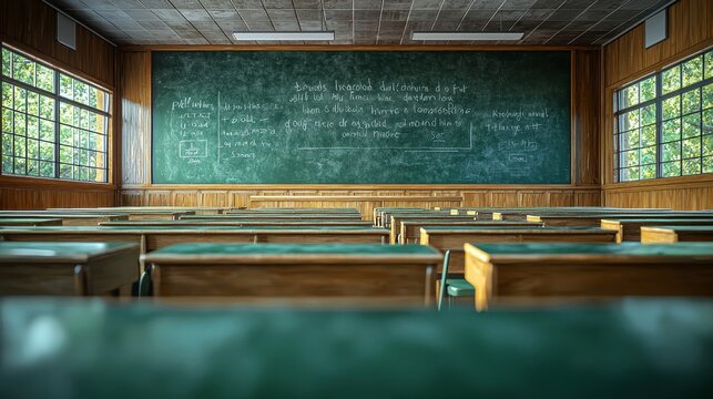 Empty classroom with wooden desks and chalkboard filled with equations.