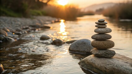Balanced Stones Stacked Neatly by River During Sunset
