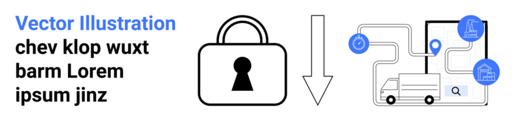 Padlock icon, downward arrow, logistic route map with nodes thumbs up truck, factory, shopping cart, and magnifying glass. Ideal for security, logistics, supply chain tracking data protection