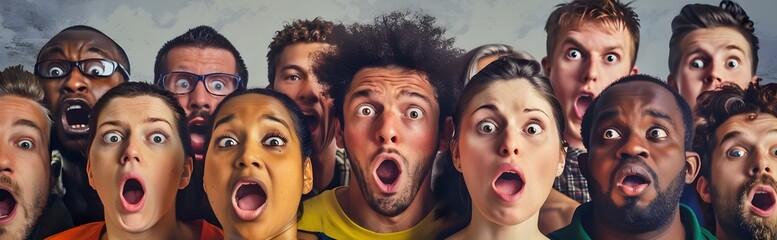 
A group of shocked and surprised people standing together, some with their mouths open in surprise or rolling eyes to the side.