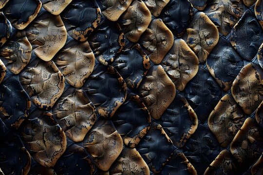
A highly detailed and hyper-realistic close-up of snake skin with intricate diamond-shaped patterns in a mix of beige, black, and brown tones.