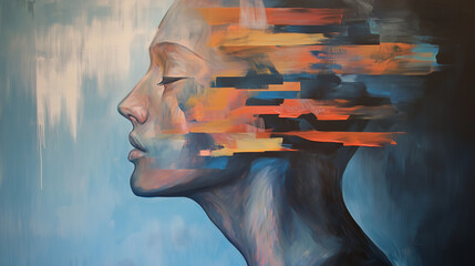 woman face profile abstract lines orange blue painting depict contemplative woman face with abstract lines over her face showing her internal world