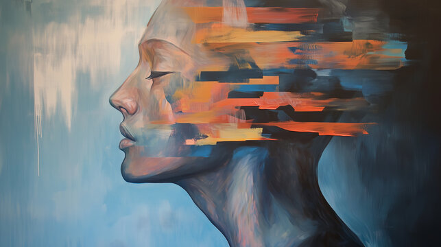 woman face profile abstract lines orange blue painting depict contemplative woman face with abstract lines over her face showing her internal world