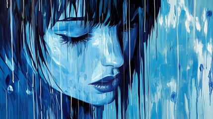 blue painting of sad woman under rain feeling of loneness makes she looks melancholic and depressed