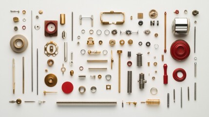 A variety of screws and bolts aligned in a symmetrical design on a white surface.
