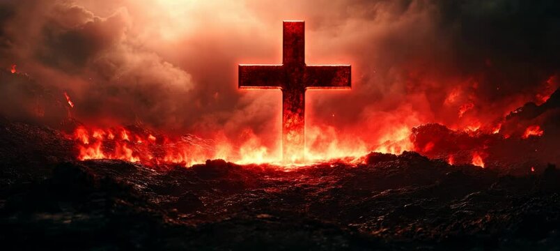 Jesus Cross with burning fire hell place. Religion faith worship spirituality concept. Generative video AI technology.	
