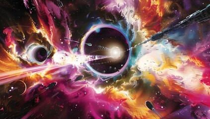 A dynamic, psychedelic illustration of light beams creating an abstract representation of the time travel tunnel through wormholes and black holes.