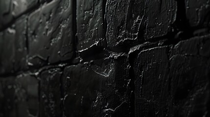 a black brick wall, featuring rough textures, natural imperfections, and deep shadows between