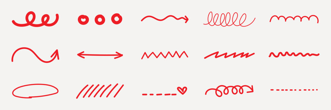 Red doodles, squiggles, and arrows in various styles. Red lines, red arrows, and red squiggles create playful, artistic designs. Red doodles add fun. Colorful doodle elements, vector set.