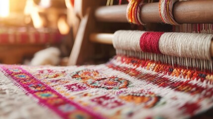 Close-up of a weaving loom in action, with colorful threads creating a pattern.
