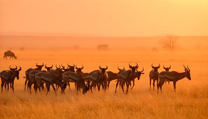 Obraz premium Sunset Herd of Sable Antelopes in African Savanna