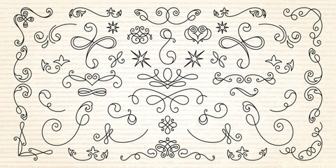 Vector set. Elegant vintage flourishes and swirls in a decorative pattern. Flourishes add a vintage touch. Swirls and flourishes create a decorative vintage style. Hand drawn ornament vector set.