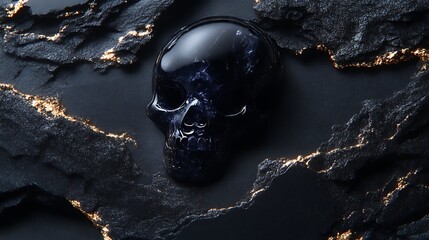Obsidian Skull Rests on Dark Gold Veined Stone