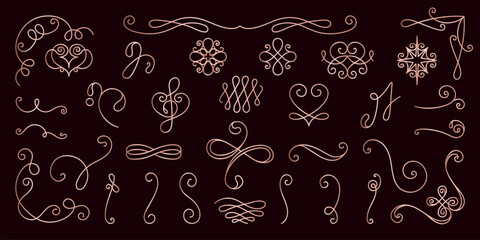 Elegant calligraphic flourishes and swirls on a dark background. Decorative swirls and flourishes add a touch of elegance. Perfect for calligraphic designs. Hand drawn ornament vector set.