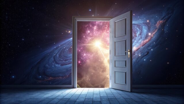 Surreal Open Door Leading to a Glowing Cosmic Realm