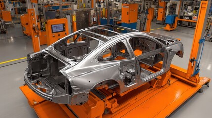 Fototapeta premium Industrial welding machines working on the car frame in a high-tech factory.