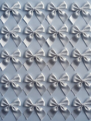 Valentine's Day, A repetitive pattern of twelve white bows, each intricately tied in a bow shape. These bows are symmetrically arranged in a 3x4 grid, with each bow occupying its own individual square