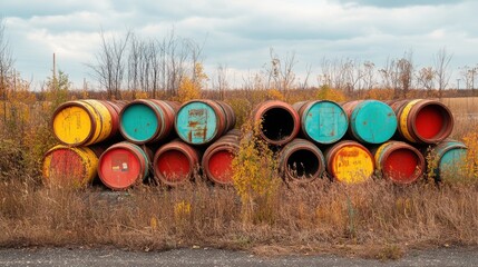 Obraz premium Large plastic pipes stacked outdoors in an industrial yard.