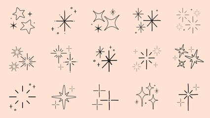 Collection of hand-drawn star and sparkle icons. Various star shapes and sparkles. Simple, minimalist star and sparkle designs on a beige background. Element vector set.