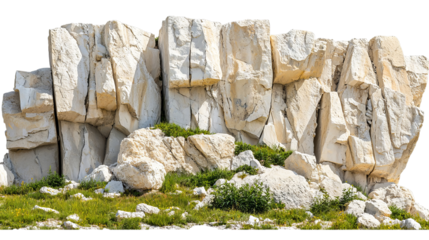 Png of White Limestone Cliff with Green Vegetation at the Base on transparent background.