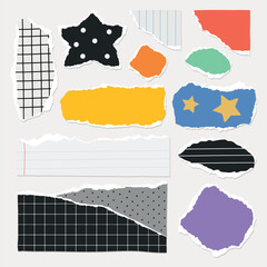 Colorful torn paper shapes in various patterns and colors, including stars, hearts, and clouds. Vibrant torn paper designs add a playful, creative touch. Colorful patterned element vector set.
