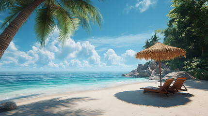 Fototapeta premium A serene beach setting viewed from side perspective. The composition features one large-sized coconut leaf beach umbrella, a shady coconut palm tree, and a wooden beach lounge chair
