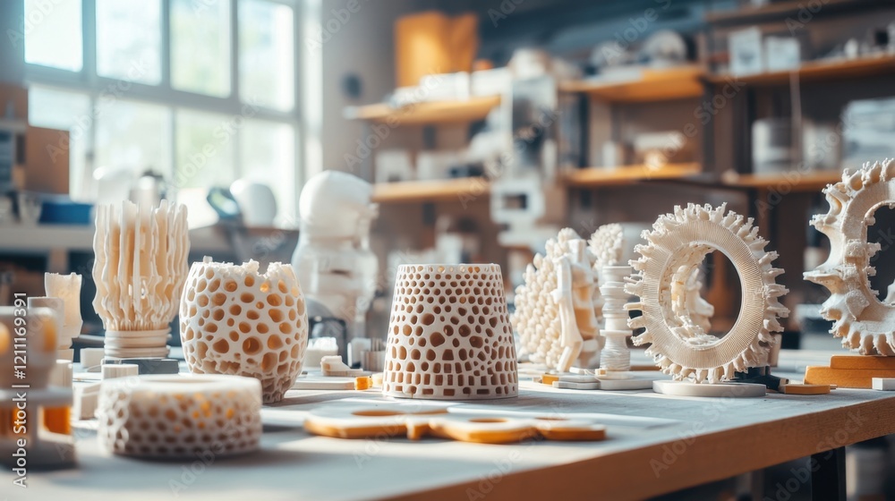 Poster plastic injection molds with intricate patterns displayed on a workbench.