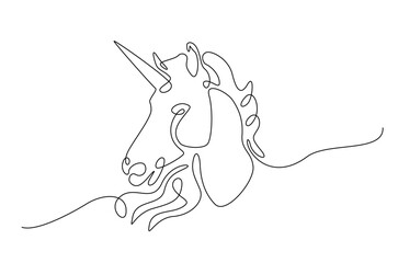 Unicorn head in continuous one line drawing. Abstract unicorn head in single line art illustration. Editable vector.