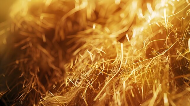 
A hyper-realistic close-up of a pile of dry straw in golden hues, with individual strands of hay intricately detailed.
