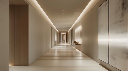 Minimalist hallway interior design with natural light and wooden floor