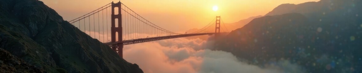 Obraz premium Misty dawn breaks over suspension bridge shrouded in soft golden light, rocks, mist