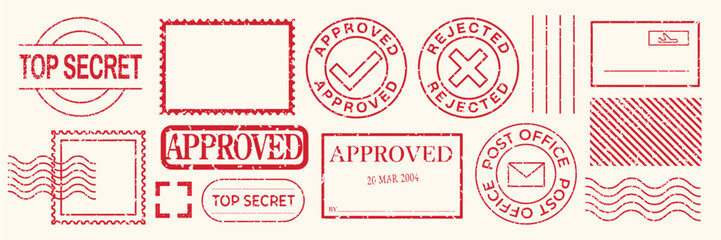 Collection of red rubber stamps with 'Approved,' 'Rejected,' 'Top Secret,' and postal designs. Includes post office and mail-themed stamps. Red stamps, vector set.