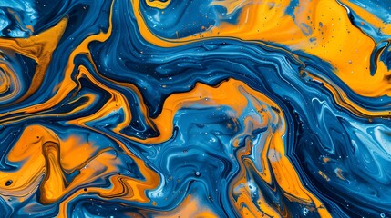 abstract composition of flowing liquid paint with bold swirls of deep blue, bright orange, and vibrant yellow.