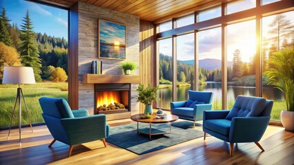 Fototapeta premium Serene blue chairs flank a fireplace, overlooking a breathtaking natural vista. High depth of field captures the modern living room's tranquility.