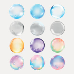 Colorful soap bubbles with a glossy finish. Bubbles in blue, clear, orange, purple, and rainbow hues. Shiny, round bubbles with a glossy texture and vibrant colors. Soap bubble element vector set.