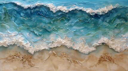 view of turquoise ocean waves gently crashing onto a sandy beach.