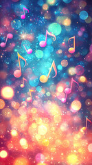 Colorful musical notes on vibrant bokeh background