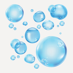 Floating blue bubbles on a white background. Bubbles vary in size, creating a playful and airy atmosphere. Bubbles reflect light, adding a shiny effect. Soap bubble element vector set.